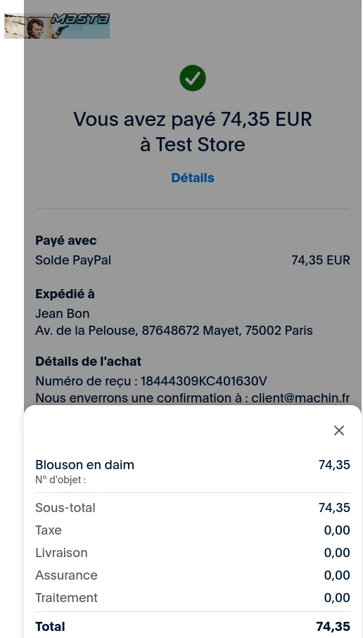 détails du paiement effectué sur Paypal